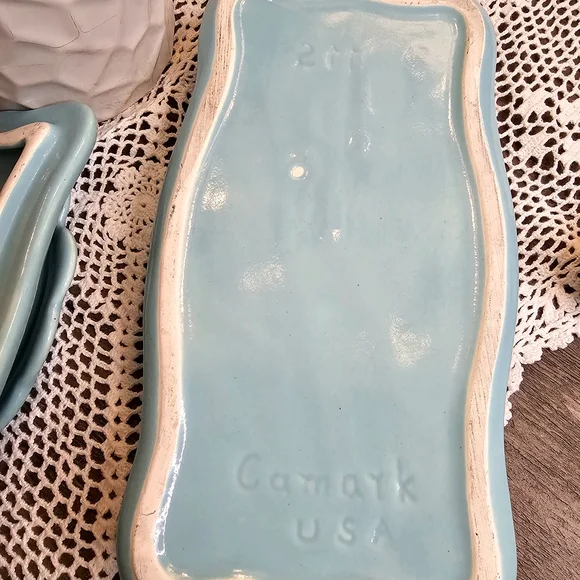 Camark USA Art Pottery trinket box with lid Ornate scroll in turquoise